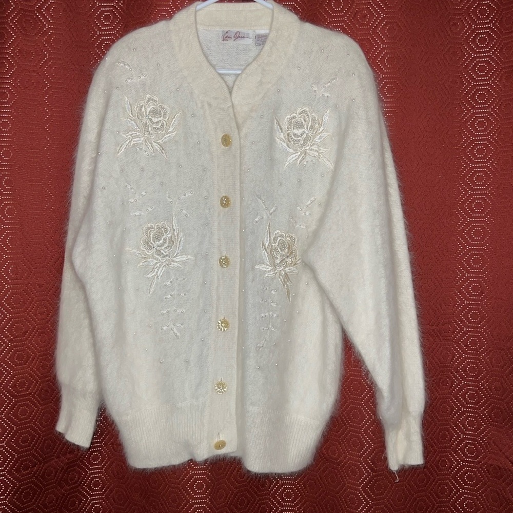 Eddie Dassin White Angora Wool Beaded Cardigan M